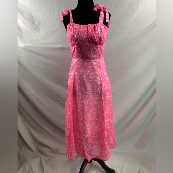 Pink Chiffon Floral Print Tie Shoulder Ruched Bust Cami Dress - Picture 7 of 8